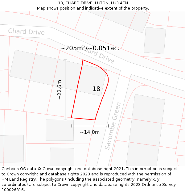 18, CHARD DRIVE, LUTON, LU3 4EN: Plot and title map