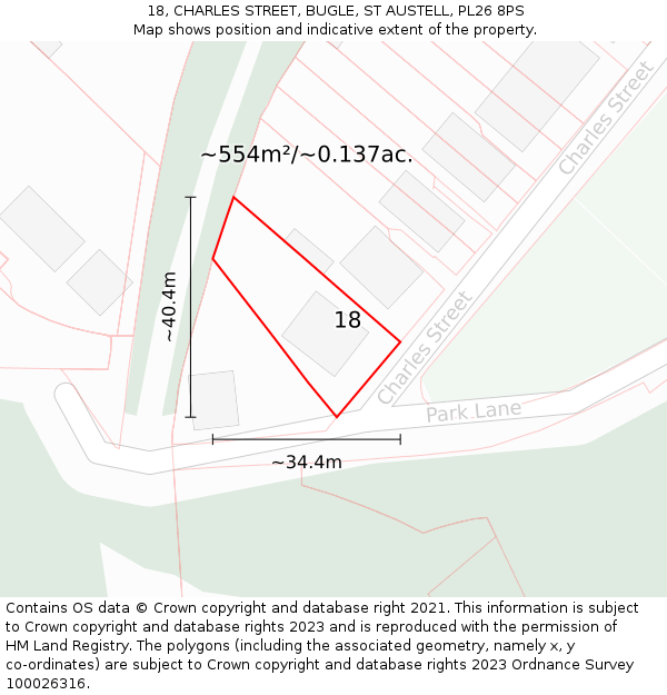 18, CHARLES STREET, BUGLE, ST AUSTELL, PL26 8PS: Plot and title map