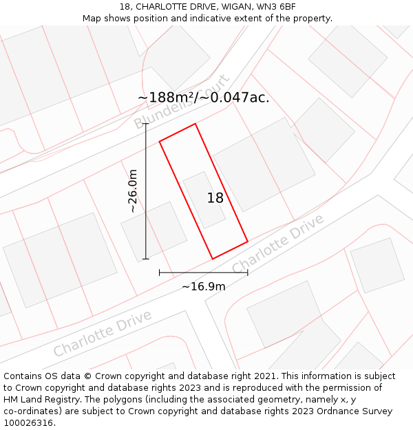 18, CHARLOTTE DRIVE, WIGAN, WN3 6BF: Plot and title map