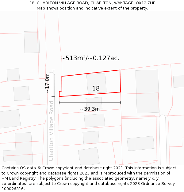 18, CHARLTON VILLAGE ROAD, CHARLTON, WANTAGE, OX12 7HE: Plot and title map