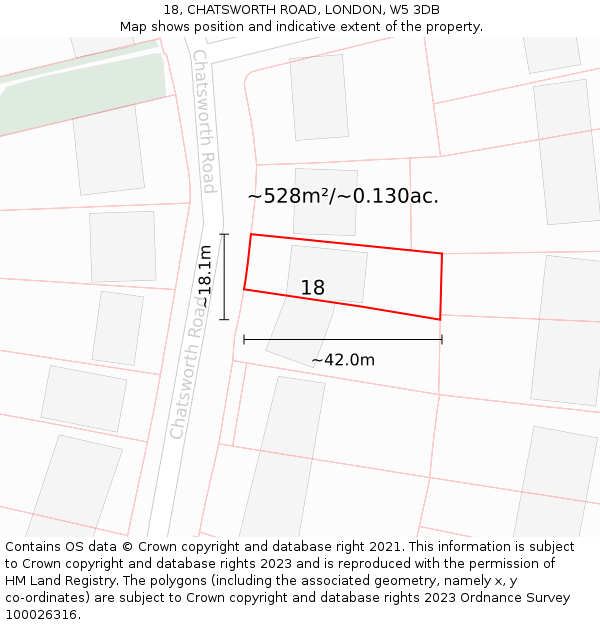 18, CHATSWORTH ROAD, LONDON, W5 3DB: Plot and title map