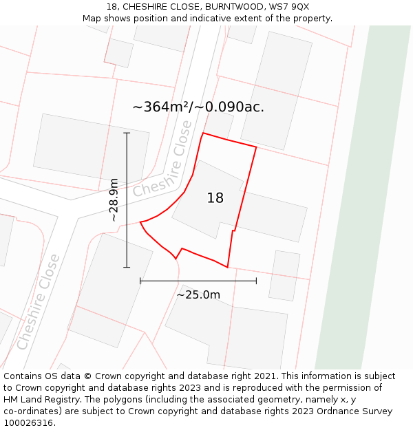 18, CHESHIRE CLOSE, BURNTWOOD, WS7 9QX: Plot and title map