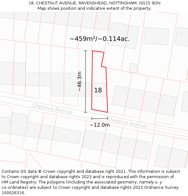 18, CHESTNUT AVENUE, RAVENSHEAD, NOTTINGHAM, NG15 9DN: Plot and title map
