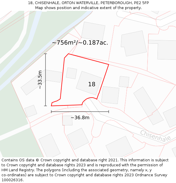 18, CHISENHALE, ORTON WATERVILLE, PETERBOROUGH, PE2 5FP: Plot and title map