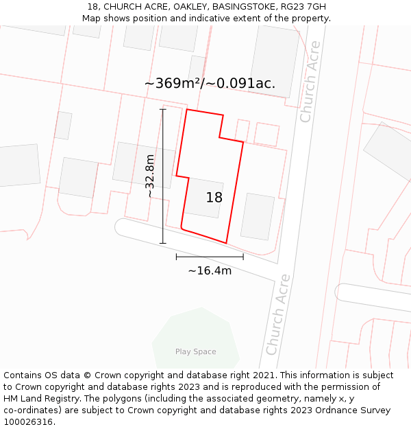 18, CHURCH ACRE, OAKLEY, BASINGSTOKE, RG23 7GH: Plot and title map