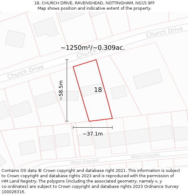 18, CHURCH DRIVE, RAVENSHEAD, NOTTINGHAM, NG15 9FF: Plot and title map