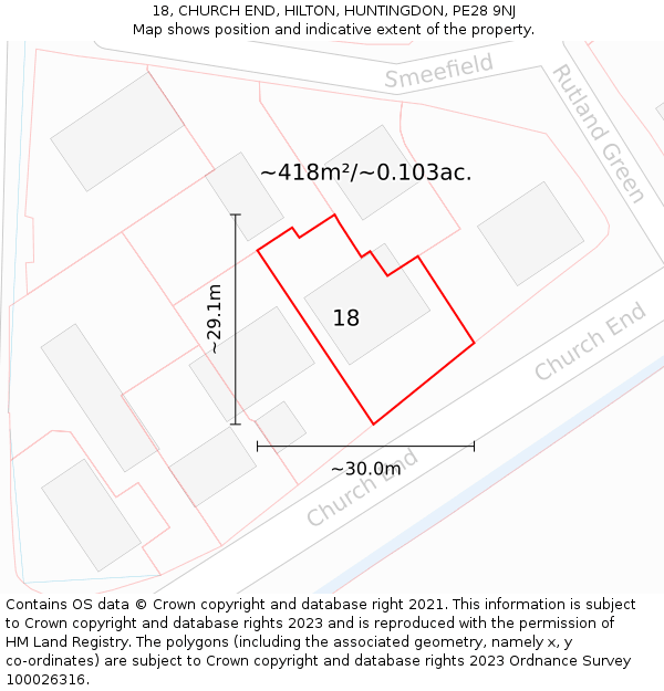 18, CHURCH END, HILTON, HUNTINGDON, PE28 9NJ: Plot and title map