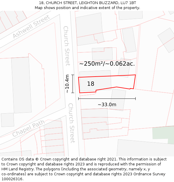 18, CHURCH STREET, LEIGHTON BUZZARD, LU7 1BT: Plot and title map