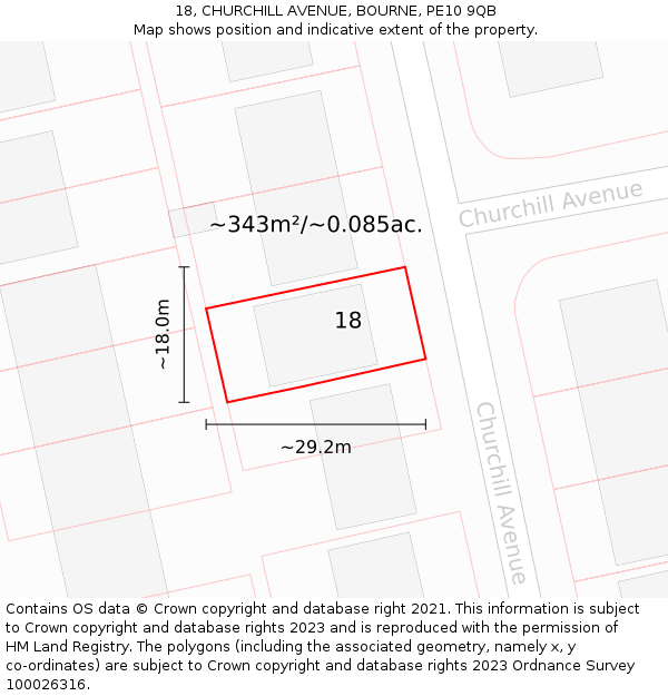 18, CHURCHILL AVENUE, BOURNE, PE10 9QB: Plot and title map