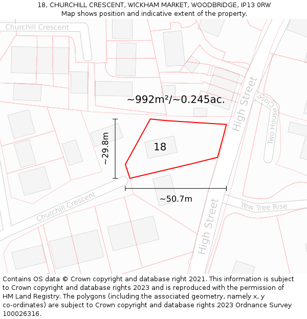 18, CHURCHILL CRESCENT, WICKHAM MARKET, WOODBRIDGE, IP13 0RW: Plot and title map