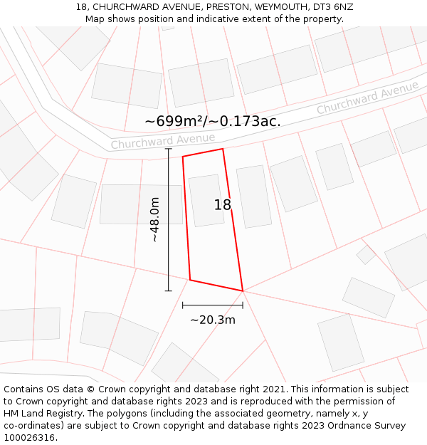 18, CHURCHWARD AVENUE, PRESTON, WEYMOUTH, DT3 6NZ: Plot and title map