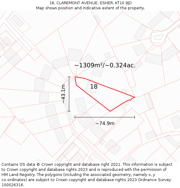 18, CLAREMONT AVENUE, ESHER, KT10 9JD: Plot and title map