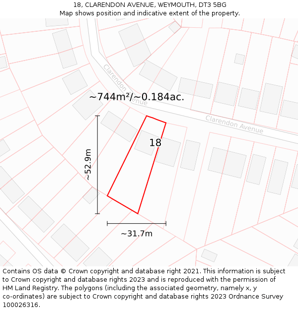 18, CLARENDON AVENUE, WEYMOUTH, DT3 5BG: Plot and title map