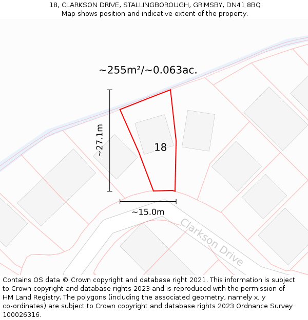 18, CLARKSON DRIVE, STALLINGBOROUGH, GRIMSBY, DN41 8BQ: Plot and title map