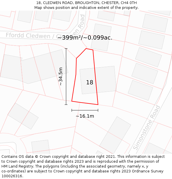 18, CLEDWEN ROAD, BROUGHTON, CHESTER, CH4 0TH: Plot and title map