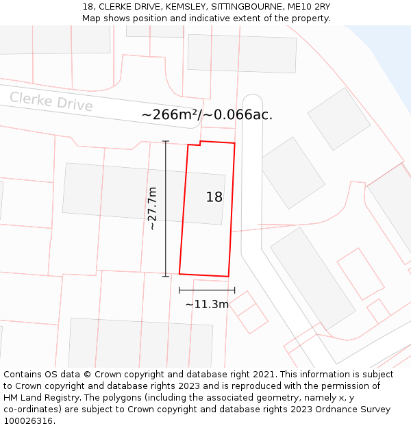 18, CLERKE DRIVE, KEMSLEY, SITTINGBOURNE, ME10 2RY: Plot and title map