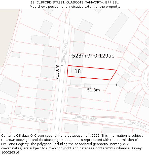 18, CLIFFORD STREET, GLASCOTE, TAMWORTH, B77 2BU: Plot and title map