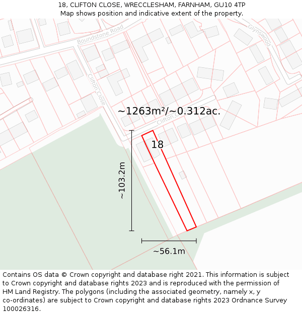 18, CLIFTON CLOSE, WRECCLESHAM, FARNHAM, GU10 4TP: Plot and title map
