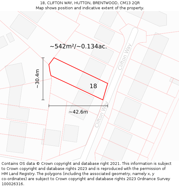 18, CLIFTON WAY, HUTTON, BRENTWOOD, CM13 2QR: Plot and title map