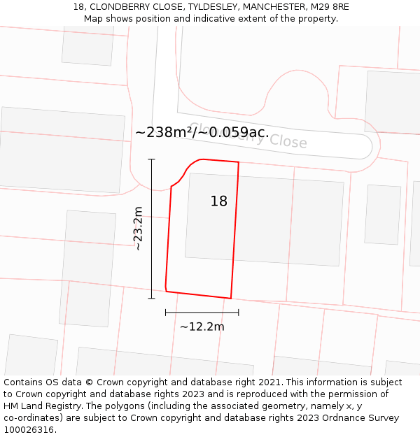 18, CLONDBERRY CLOSE, TYLDESLEY, MANCHESTER, M29 8RE: Plot and title map