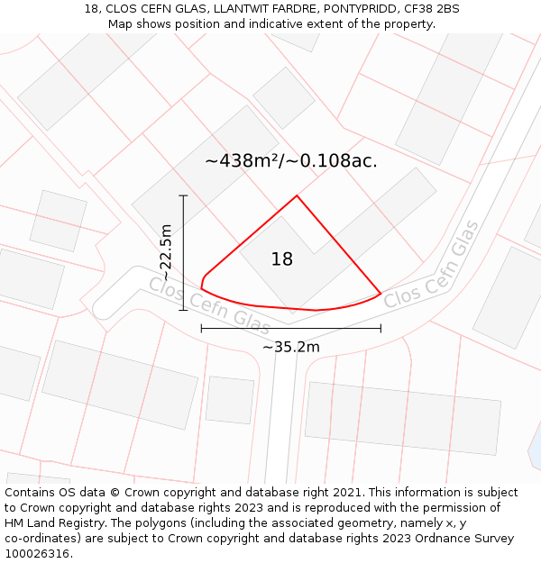 18, CLOS CEFN GLAS, LLANTWIT FARDRE, PONTYPRIDD, CF38 2BS: Plot and title map