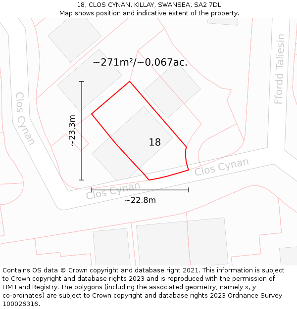 18, CLOS CYNAN, KILLAY, SWANSEA, SA2 7DL: Plot and title map