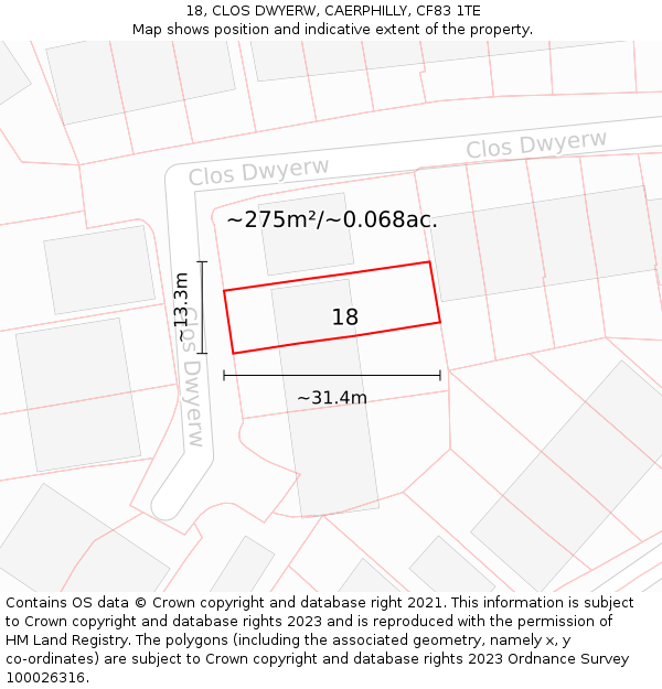 18, CLOS DWYERW, CAERPHILLY, CF83 1TE: Plot and title map