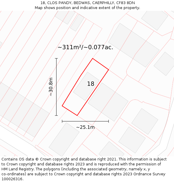 18, CLOS PANDY, BEDWAS, CAERPHILLY, CF83 8DN: Plot and title map