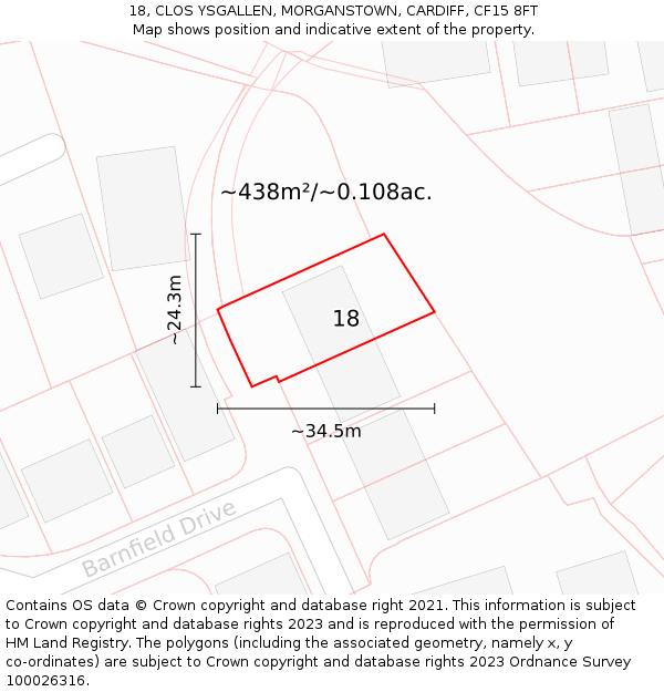 18, CLOS YSGALLEN, MORGANSTOWN, CARDIFF, CF15 8FT: Plot and title map