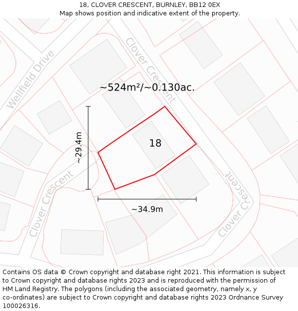 18, CLOVER CRESCENT, BURNLEY, BB12 0EX: Plot and title map