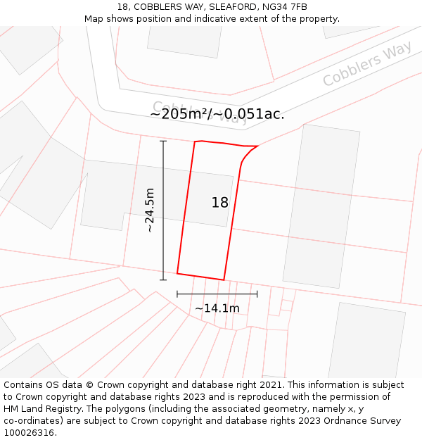18, COBBLERS WAY, SLEAFORD, NG34 7FB: Plot and title map