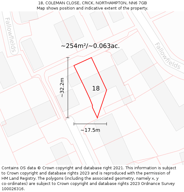 18, COLEMAN CLOSE, CRICK, NORTHAMPTON, NN6 7GB: Plot and title map