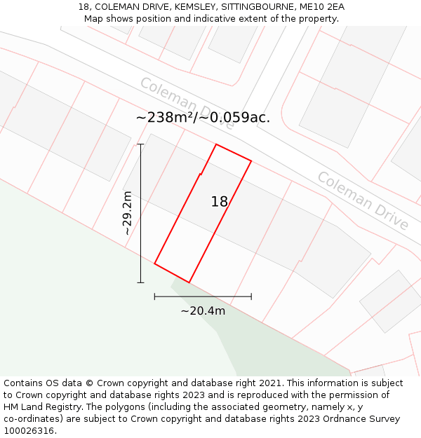 18, COLEMAN DRIVE, KEMSLEY, SITTINGBOURNE, ME10 2EA: Plot and title map