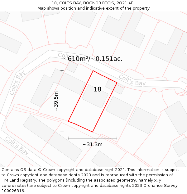 18, COLTS BAY, BOGNOR REGIS, PO21 4EH: Plot and title map