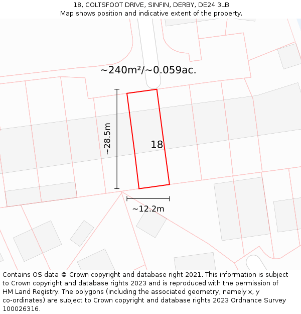 18, COLTSFOOT DRIVE, SINFIN, DERBY, DE24 3LB: Plot and title map