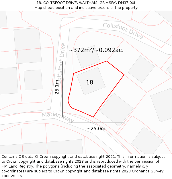 18, COLTSFOOT DRIVE, WALTHAM, GRIMSBY, DN37 0XL: Plot and title map