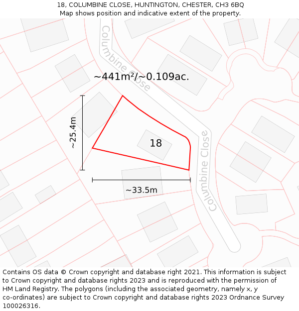 18, COLUMBINE CLOSE, HUNTINGTON, CHESTER, CH3 6BQ: Plot and title map