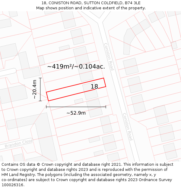 18, CONISTON ROAD, SUTTON COLDFIELD, B74 3LE: Plot and title map