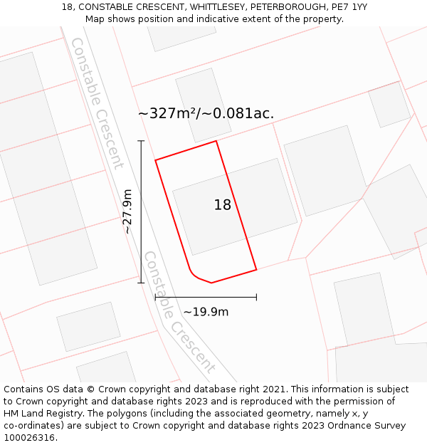 18, CONSTABLE CRESCENT, WHITTLESEY, PETERBOROUGH, PE7 1YY: Plot and title map