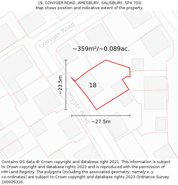 18, CONYGER ROAD, AMESBURY, SALISBURY, SP4 7DS: Plot and title map