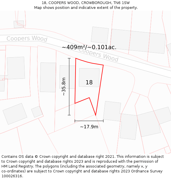 18, COOPERS WOOD, CROWBOROUGH, TN6 1SW: Plot and title map