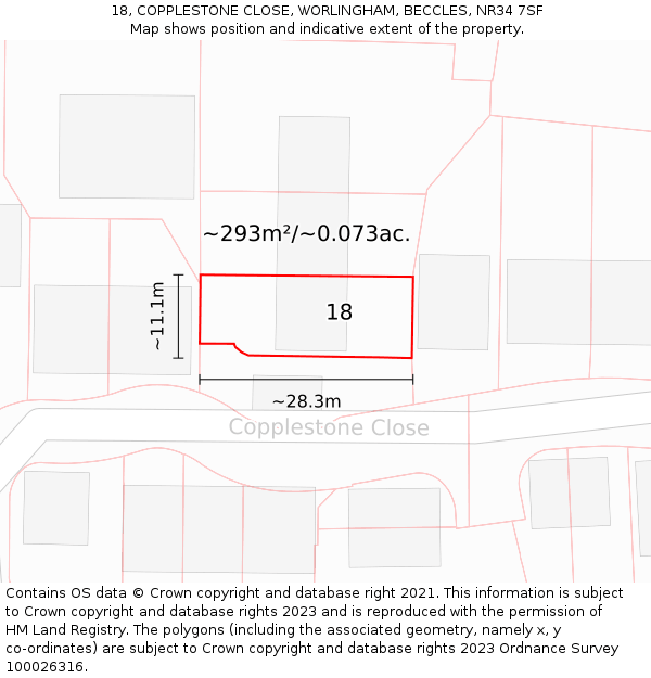 18, COPPLESTONE CLOSE, WORLINGHAM, BECCLES, NR34 7SF: Plot and title map