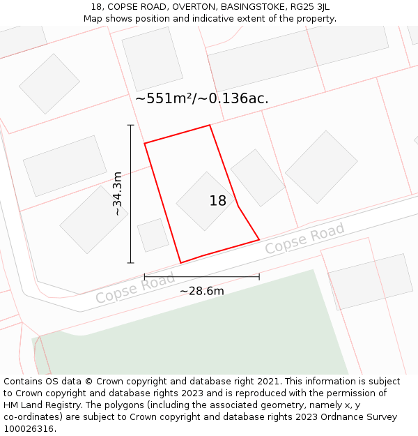 18, COPSE ROAD, OVERTON, BASINGSTOKE, RG25 3JL: Plot and title map