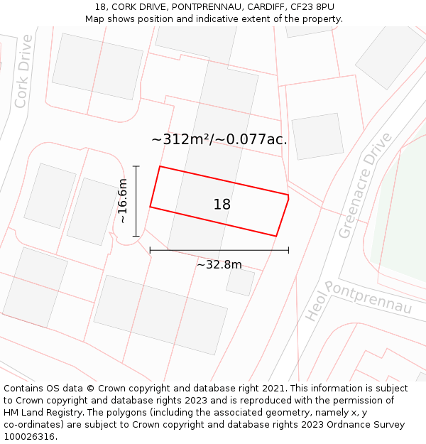 18, CORK DRIVE, PONTPRENNAU, CARDIFF, CF23 8PU: Plot and title map