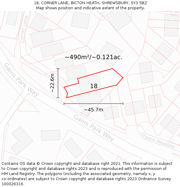 18, CORNER LANE, BICTON HEATH, SHREWSBURY, SY3 5BZ: Plot and title map