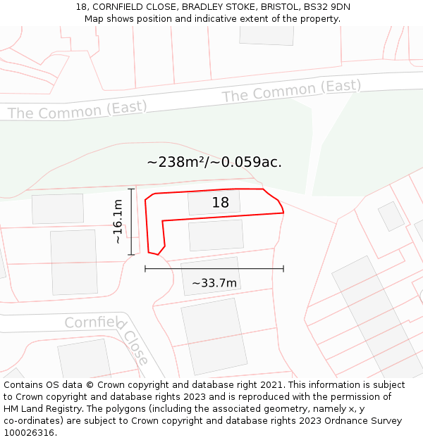 18, CORNFIELD CLOSE, BRADLEY STOKE, BRISTOL, BS32 9DN: Plot and title map