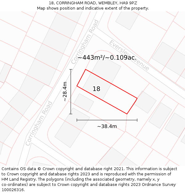 18, CORRINGHAM ROAD, WEMBLEY, HA9 9PZ: Plot and title map