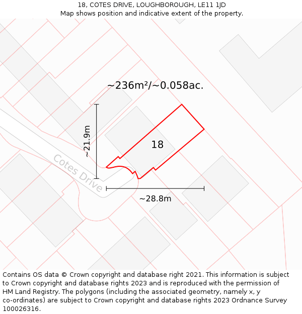 18, COTES DRIVE, LOUGHBOROUGH, LE11 1JD: Plot and title map