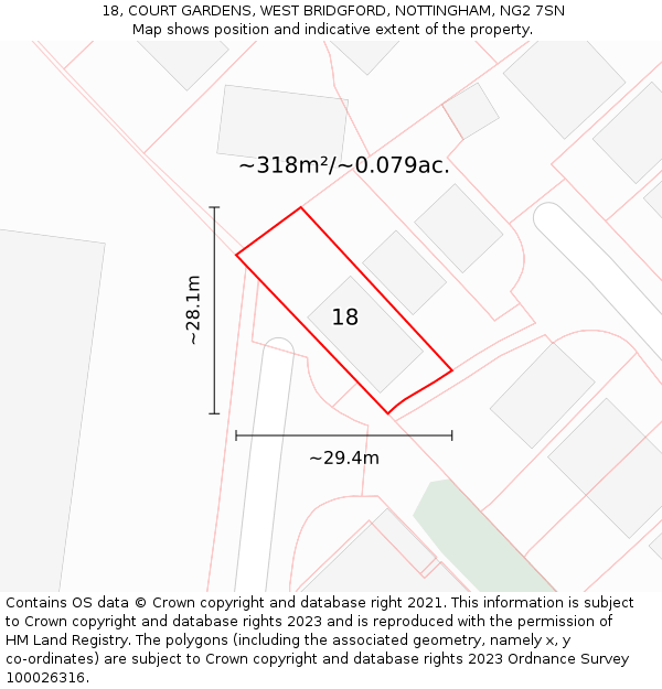 18, COURT GARDENS, WEST BRIDGFORD, NOTTINGHAM, NG2 7SN: Plot and title map