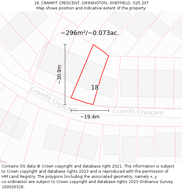 18, CRAMFIT CRESCENT, DINNINGTON, SHEFFIELD, S25 2XT: Plot and title map